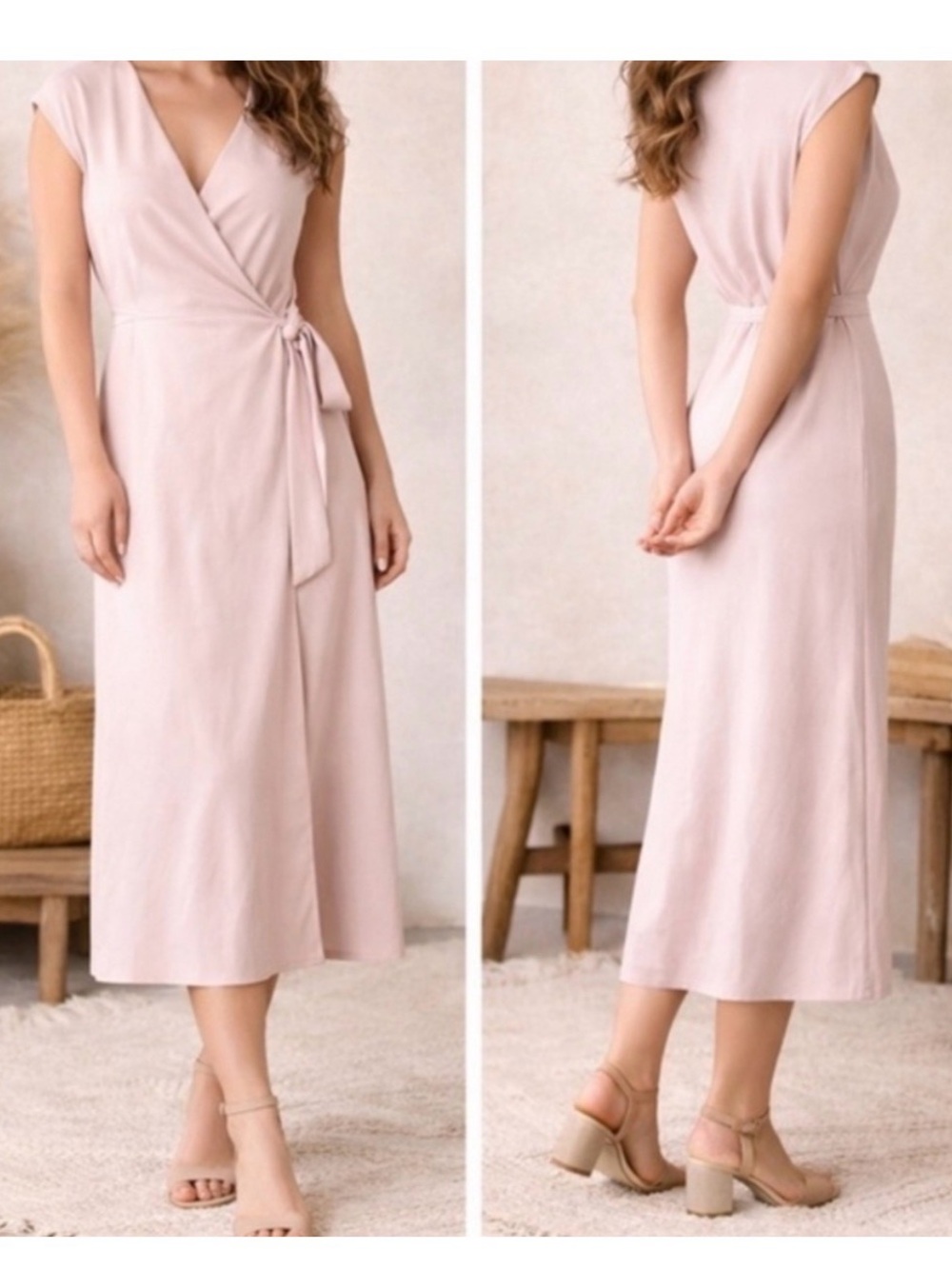 Everlane Japanese GoWeave Short Sleeve Wrap Midi Dress Blush Pink Size 8